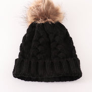 Black pompom cable beanie hat