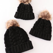 Black pompom cable beanie hat