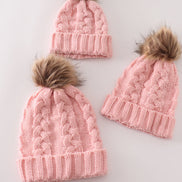 Pink pompom cable beanie hat
