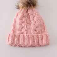 Pink pompom cable beanie hat