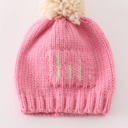 Pink pompom hi cable beanie hat
