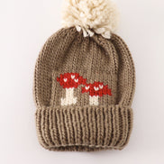 Brown pompom mushroom cable beanie hat