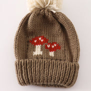 Brown pompom mushroom cable beanie hat