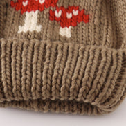 Brown pompom mushroom cable beanie hat