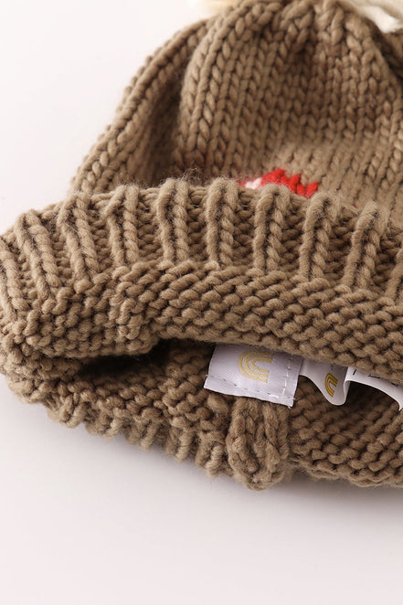 Brown pompom mushroom cable beanie hat
