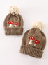 Brown pompom mushroom cable beanie hat