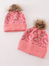 Pink pompom leopard cable beanie hat