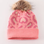 Pink pompom leopard cable beanie hat