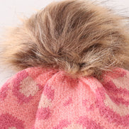 Pink pompom leopard cable beanie hat