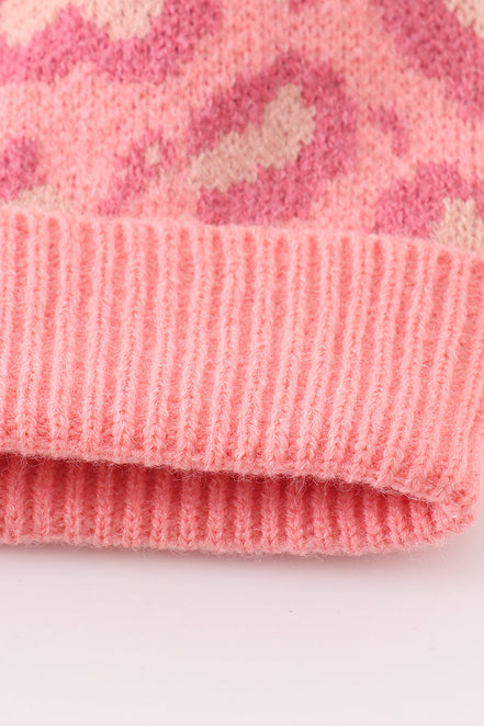 Pink pompom leopard cable beanie hat