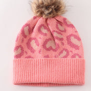Pink pompom leopard cable beanie hat