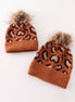 Brown pompom leopard cable beanie hat