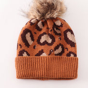 Brown pompom leopard cable beanie hat