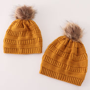 Mustard pompom cable beanie hat