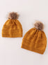 Mustard pompom cable beanie hat