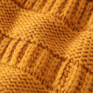 Mustard pompom cable beanie hat