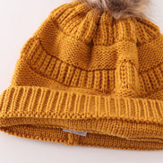 Mustard pompom cable beanie hat