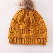 Mustard pompom cable beanie hat