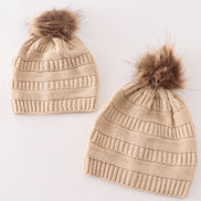 Beige pompom cable beanie hat