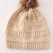 Beige pompom cable beanie hat