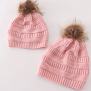 Pink pompom cable beanie hat