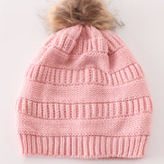 Pink pompom cable beanie hat