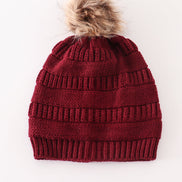 Burgundy pompom cable beanie hat