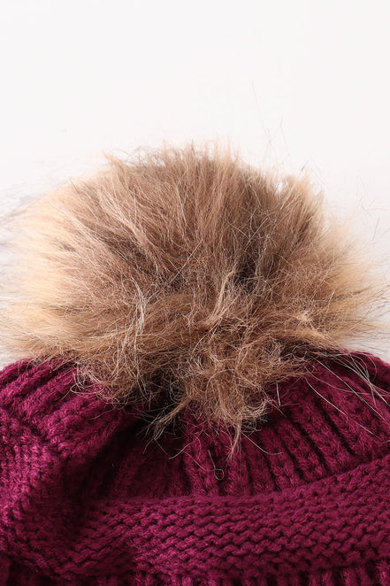 Violet pompom cable beanie hat