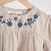 Gray floral embroidery linen girl dress