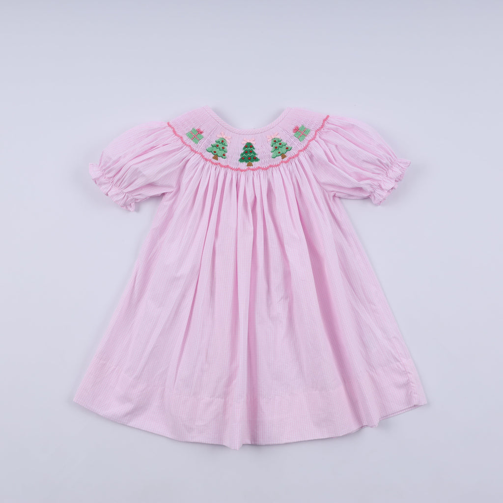 Girls Pink Christmas Tree Hand Smocked Dress – 12M–6Y