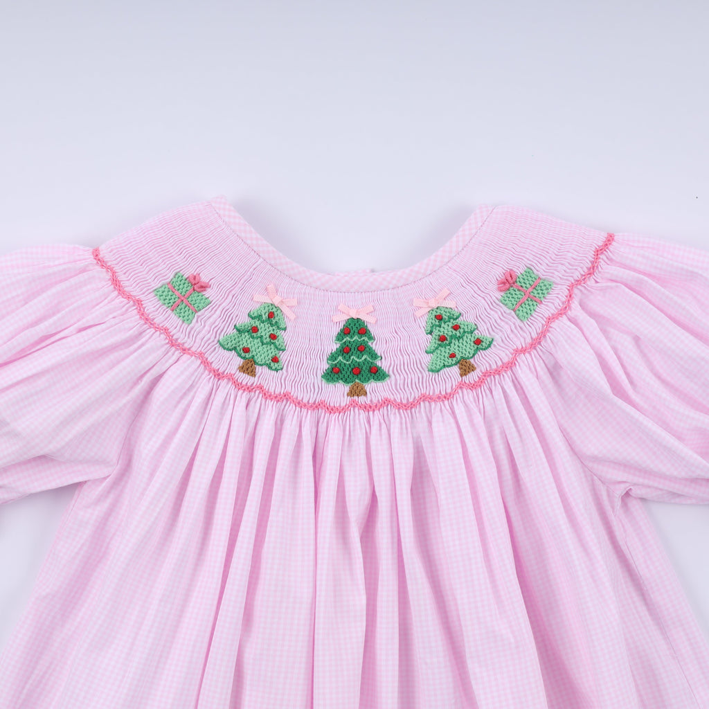 Girls Pink Christmas Tree Hand Smocked Dress – 12M–6Y