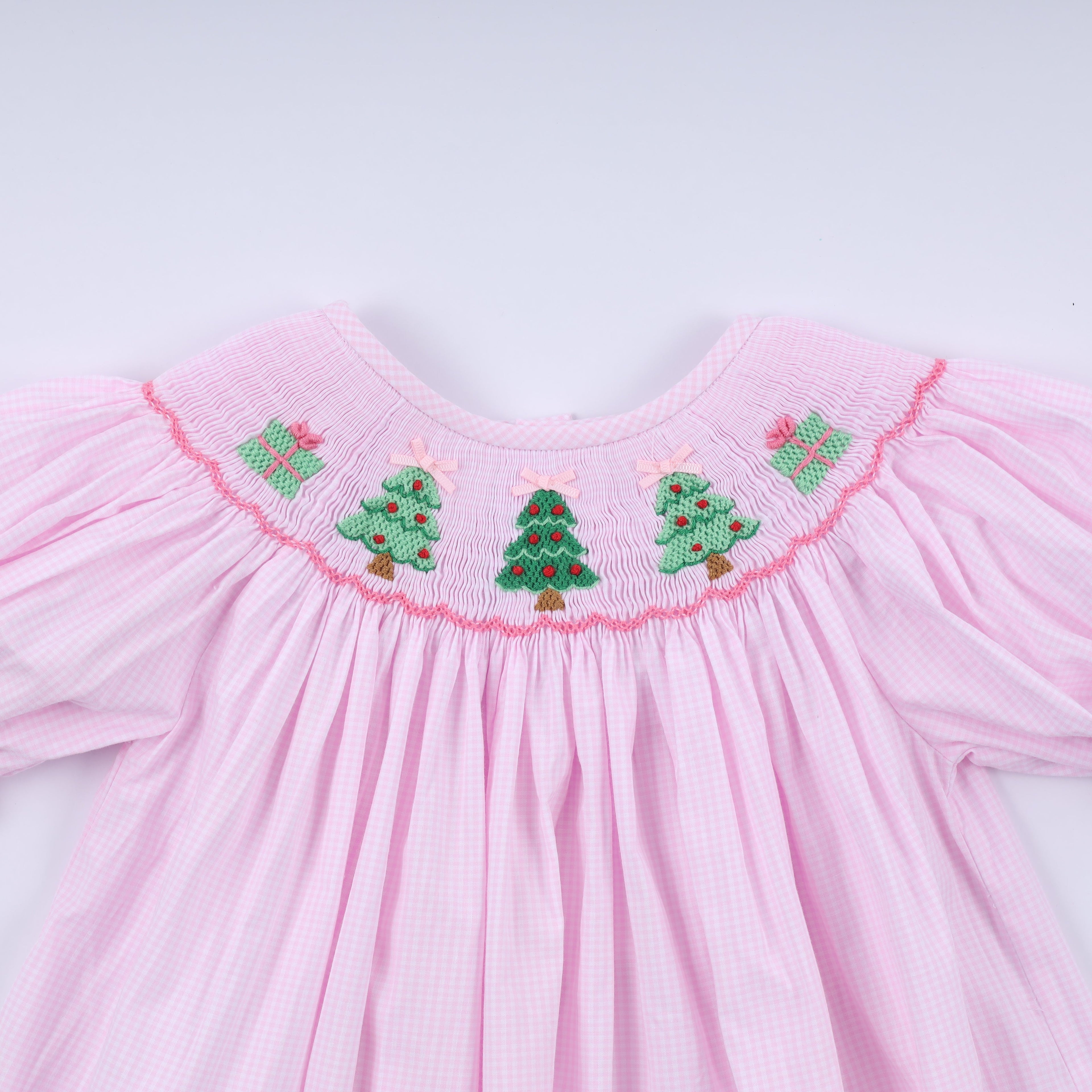 Girls Pink Christmas Tree Hand Smocked Dress – 12M–6Y