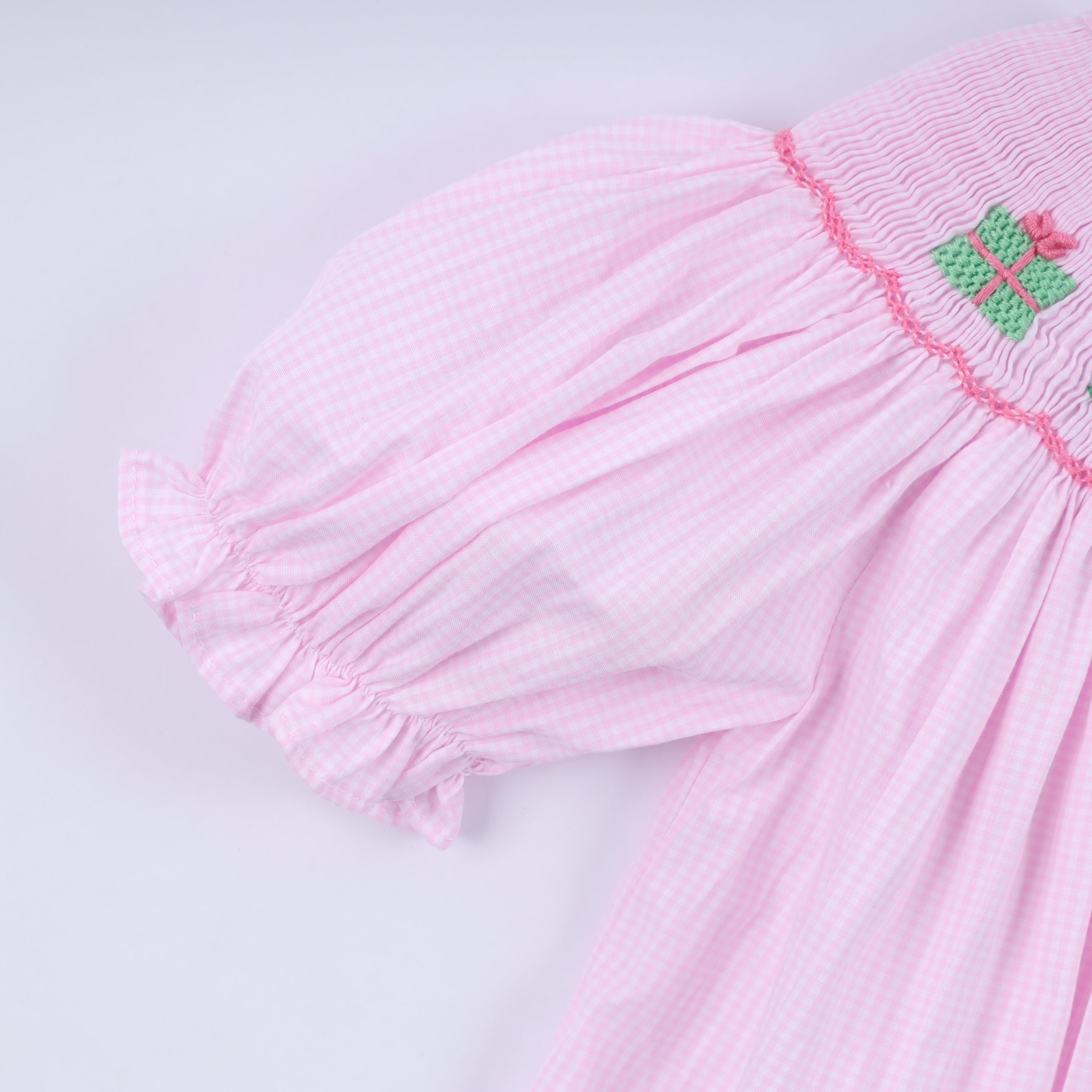 Girls Pink Christmas Tree Hand Smocked Dress – 12M–6Y