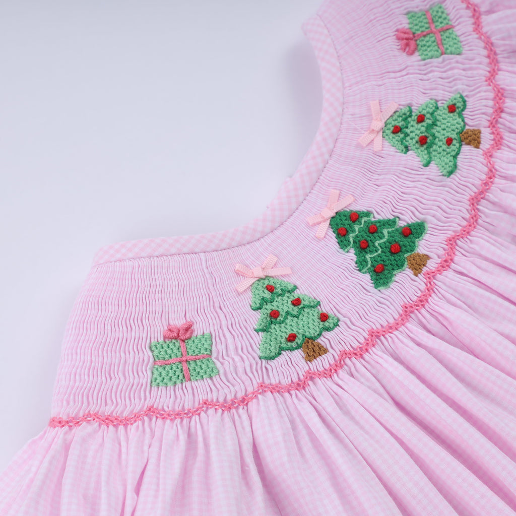 Girls Pink Christmas Tree Hand Smocked Dress – 12M–6Y