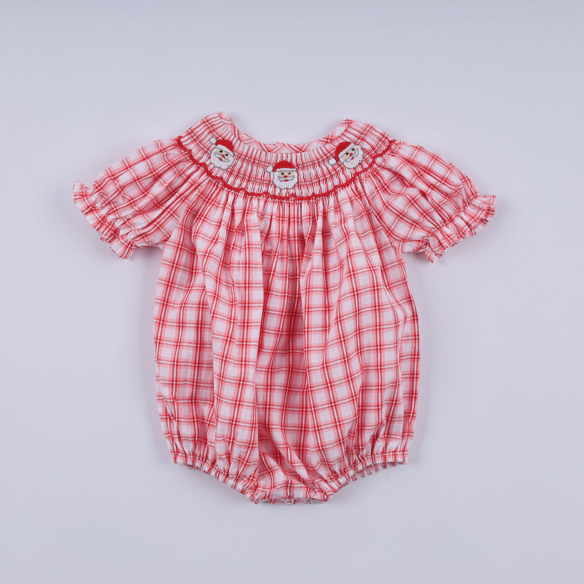 Girls Christmas Santa Smocked Plaid Bubble Romper – Baby Sizes 3–18 Months