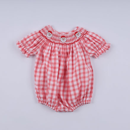 Girls Christmas Santa Smocked Plaid Bubble Romper – Baby Sizes 3–18 Months