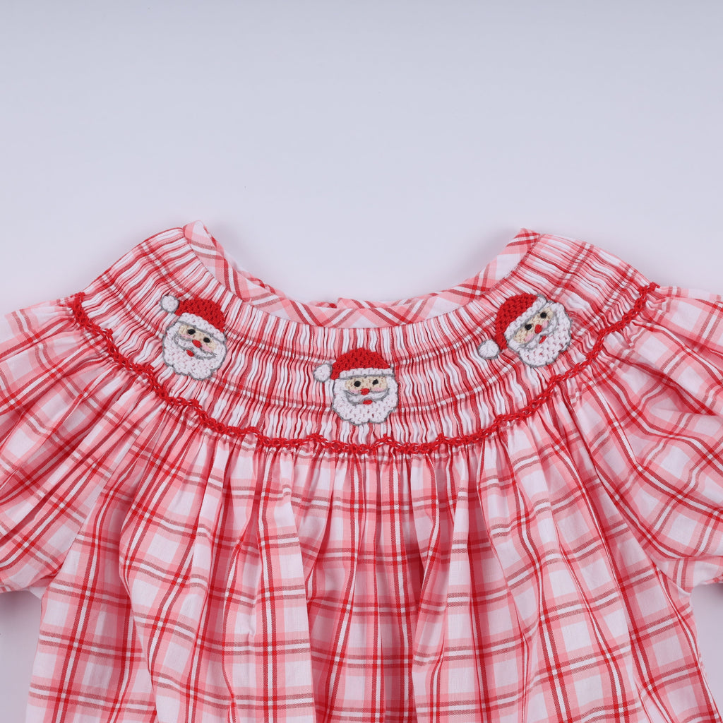 Girls Christmas Santa Smocked Plaid Bubble Romper – Baby Sizes 3–18 Months