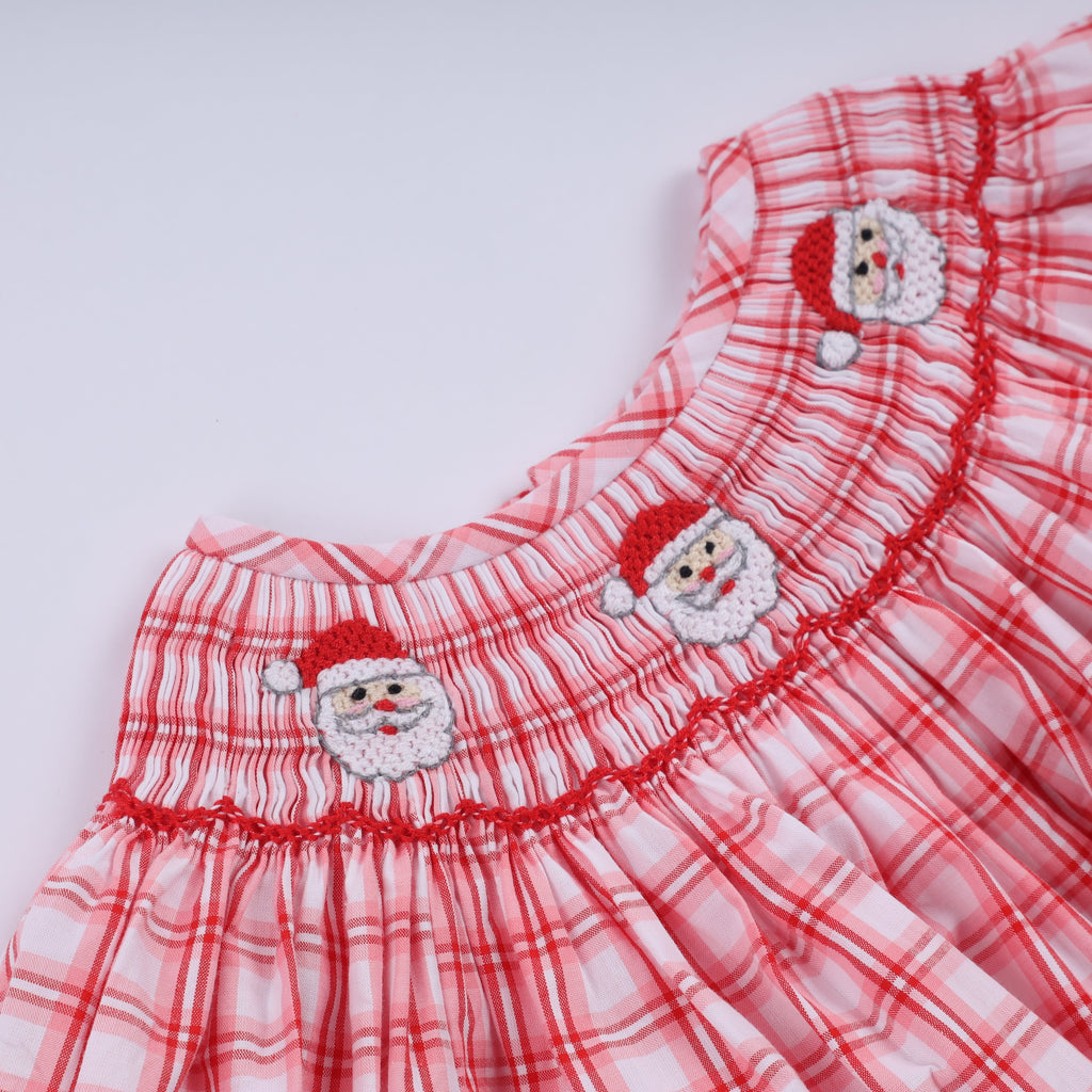 Girls Christmas Santa Smocked Plaid Bubble Romper – Baby Sizes 3–18 Months