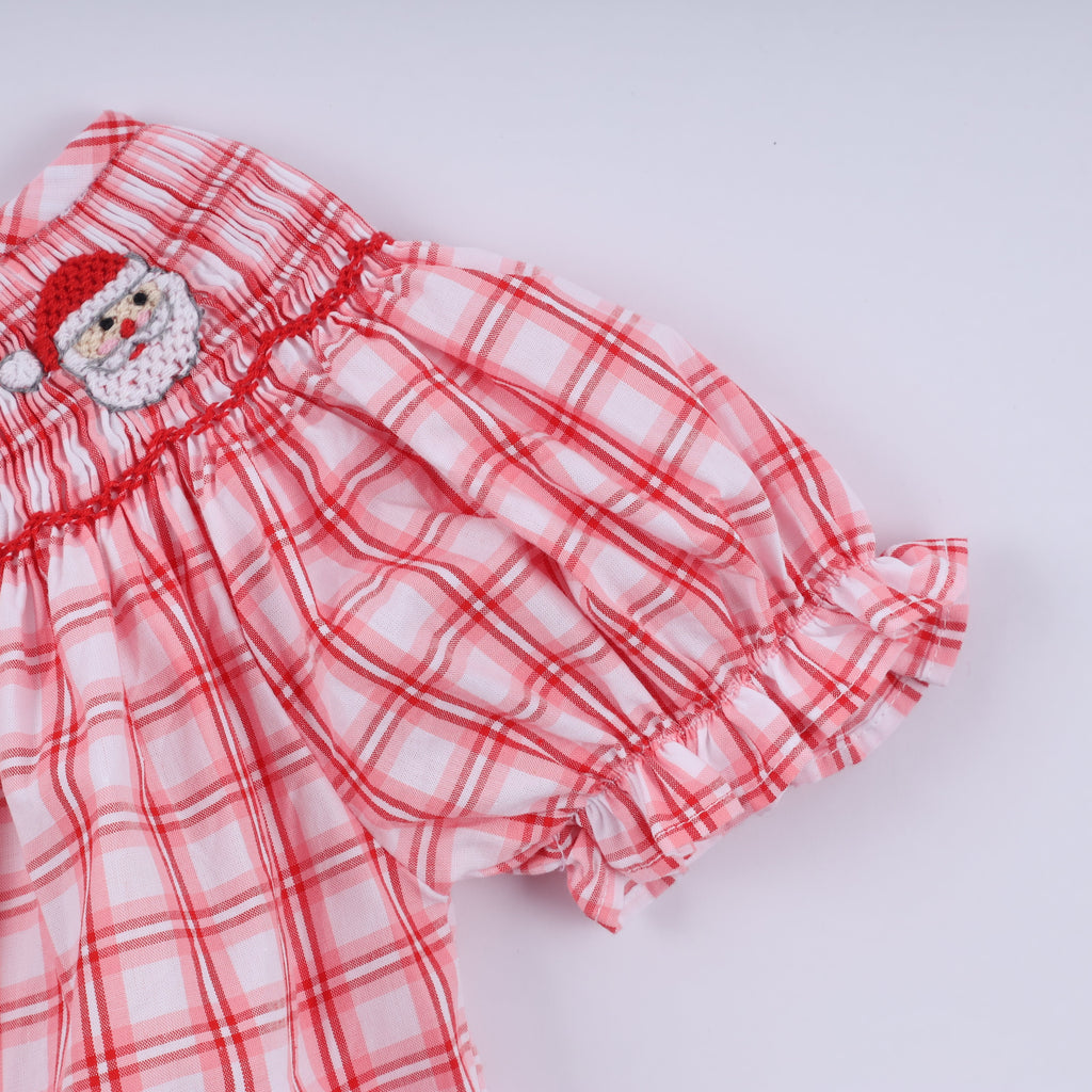 Girls Christmas Santa Smocked Plaid Bubble Romper – Baby Sizes 3–18 Months