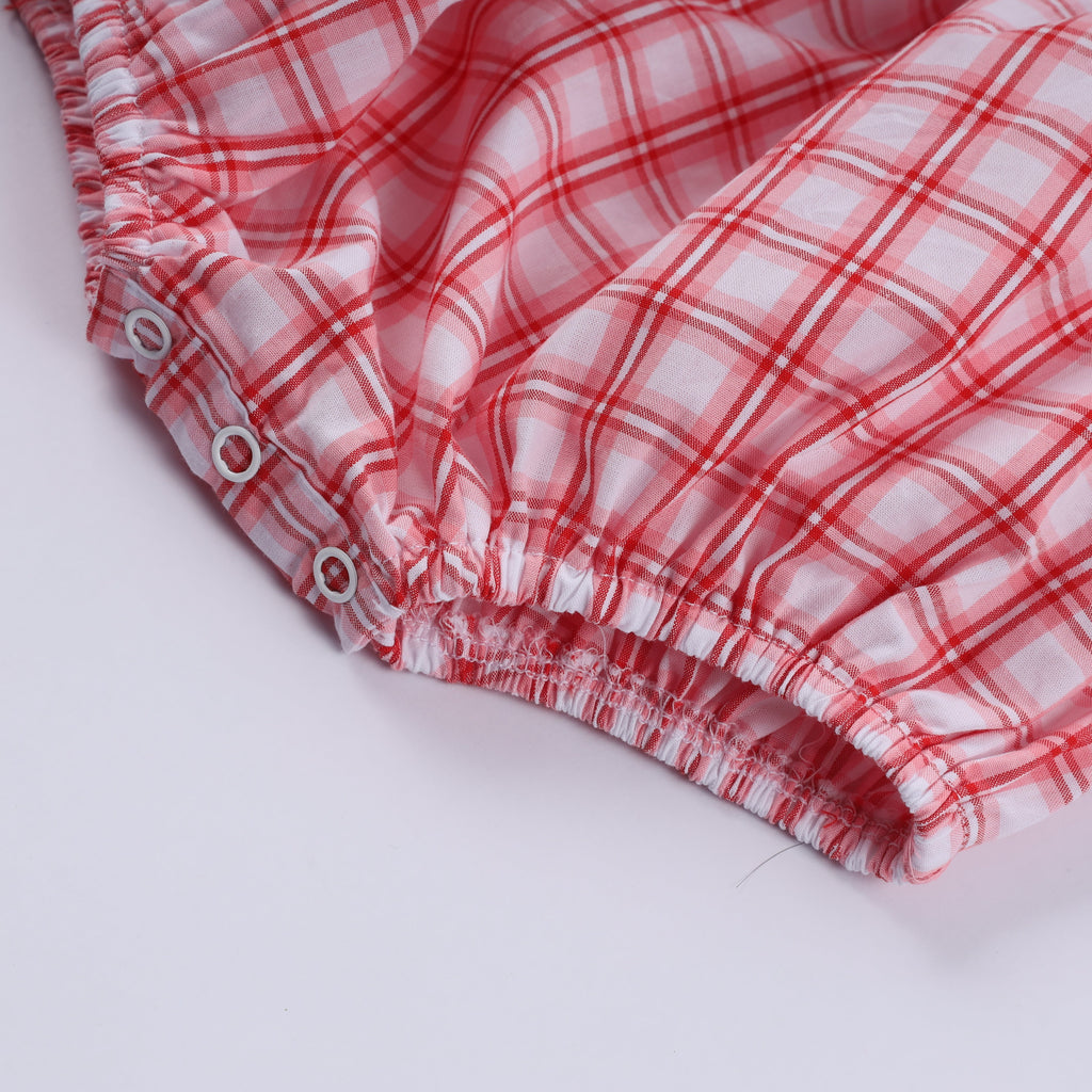 Girls Christmas Santa Smocked Plaid Bubble Romper – Baby Sizes 3–18 Months