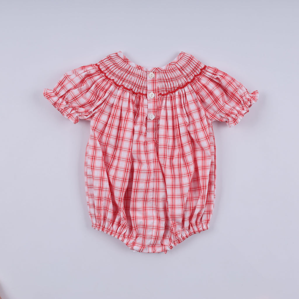 Girls Christmas Santa Smocked Plaid Bubble Romper – Baby Sizes 3–18 Months