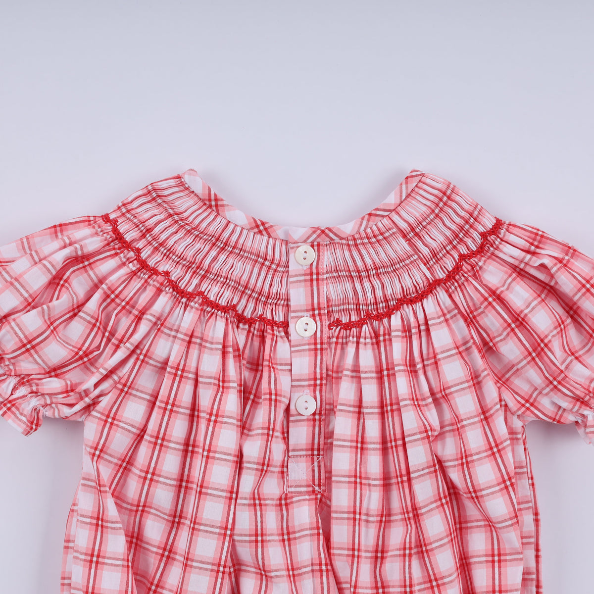 Girls Christmas Santa Smocked Plaid Bubble Romper – Baby Sizes 3–18 Months
