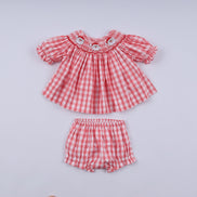 Red christmas santa claus hand smocked plaid bloomer set