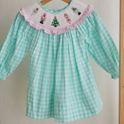Girls Mint Gingham Nutcracker Hand Smocked Christmas Dress | 100% Cotton Holiday Dress