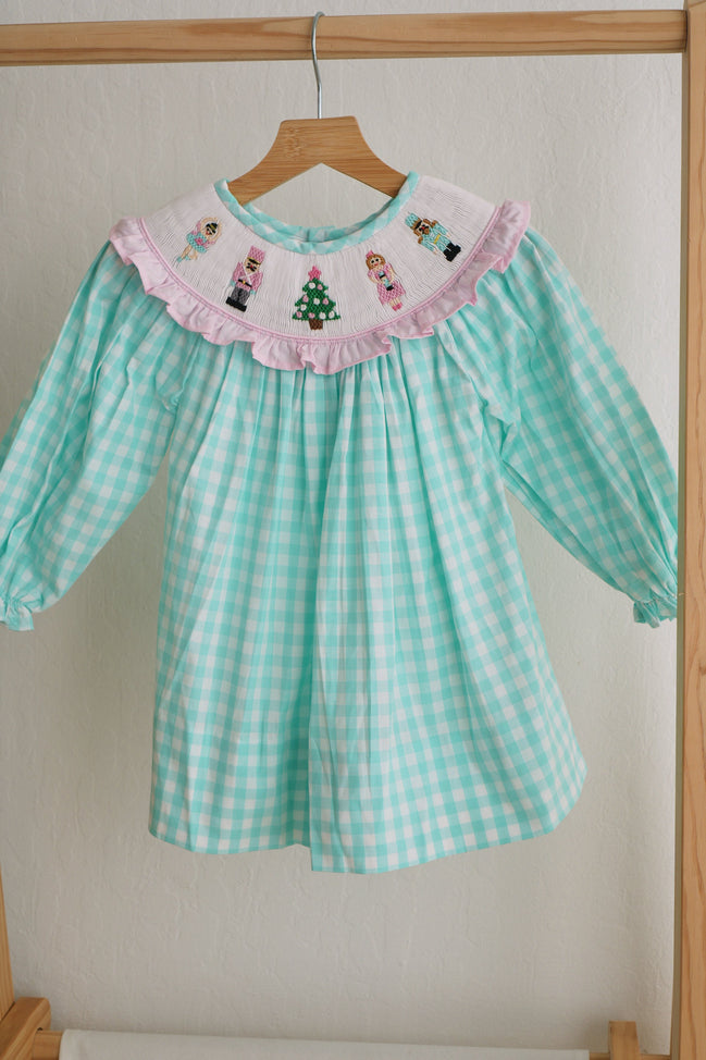 Girls Mint Gingham Nutcracker Hand Smocked Christmas Dress | 100% Cotton Holiday Dress