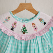 Girls Mint Gingham Nutcracker Hand Smocked Christmas Dress | 100% Cotton Holiday Dress