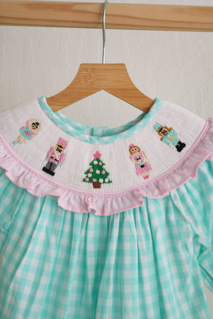 Girls Mint Gingham Nutcracker Hand Smocked Christmas Dress | 100% Cotton Holiday Dress