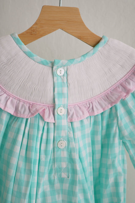 Girls Mint Gingham Nutcracker Hand Smocked Christmas Dress | 100% Cotton Holiday Dress