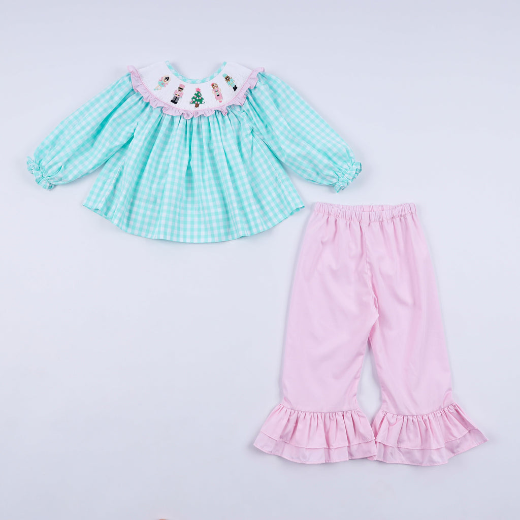 Girls Mint Nutcracker Hand Smocked Gingham Ruffle Pants Set – Christmas 2T–6Y