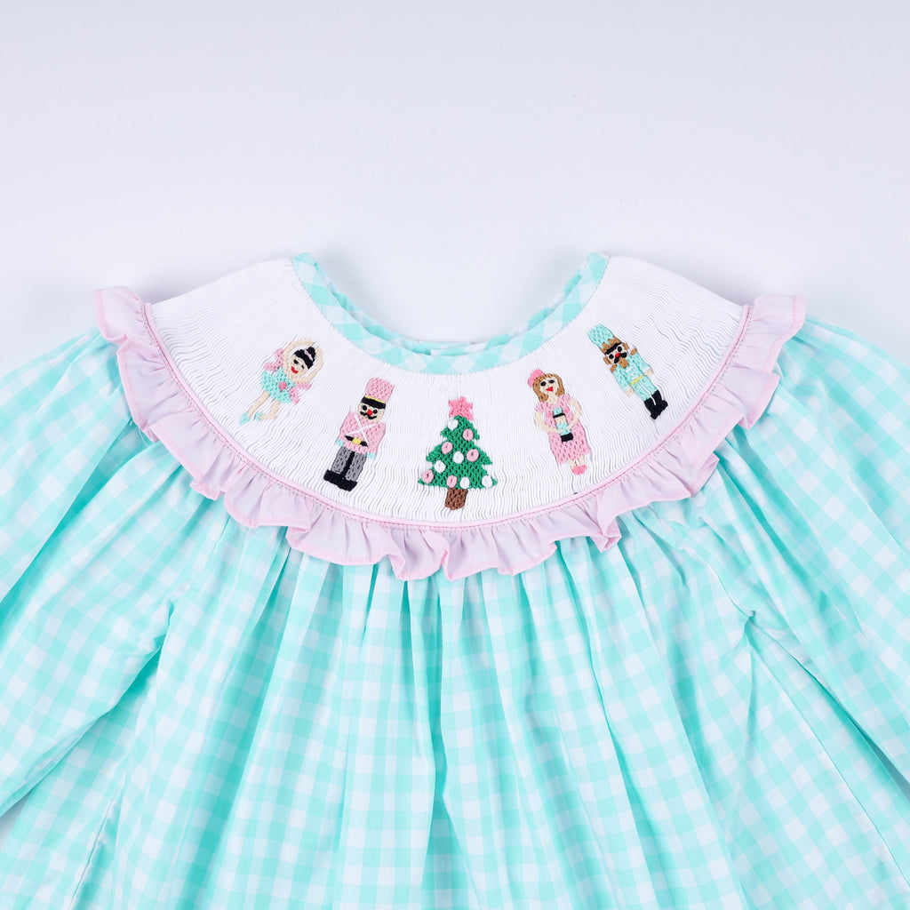 Girls Mint Nutcracker Hand Smocked Gingham Ruffle Pants Set – Christmas 2T–6Y